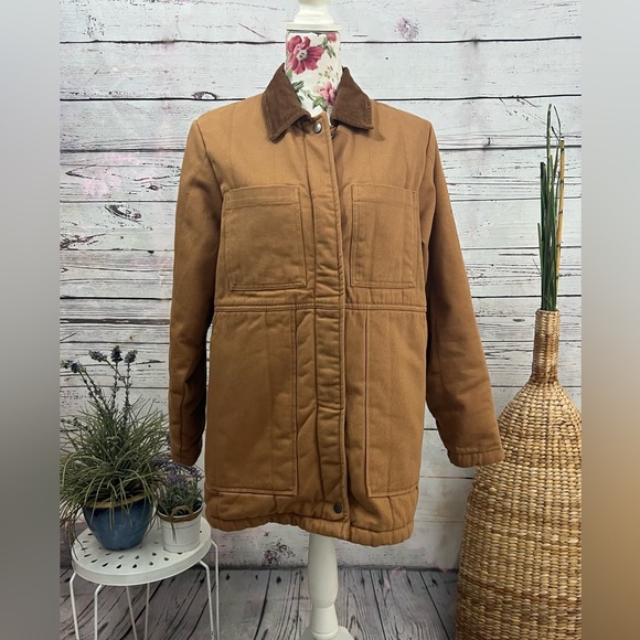 ASOS Design Oversized Denim Wadded Jacket with Cord Collar in Camel US 6 - Picture 3 of 11